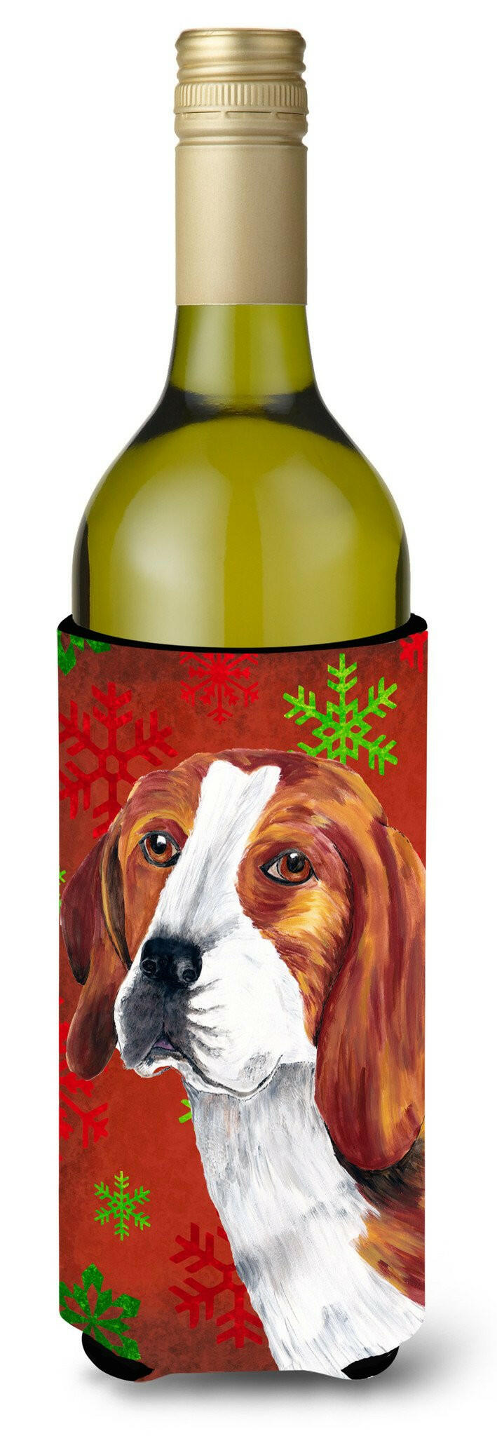 Beagle Red and Green Snowflakes Holiday Christmas Wine Bottle Beverage Insulator Beverage Insulator Hugger by Caroline&#39;s Treasures