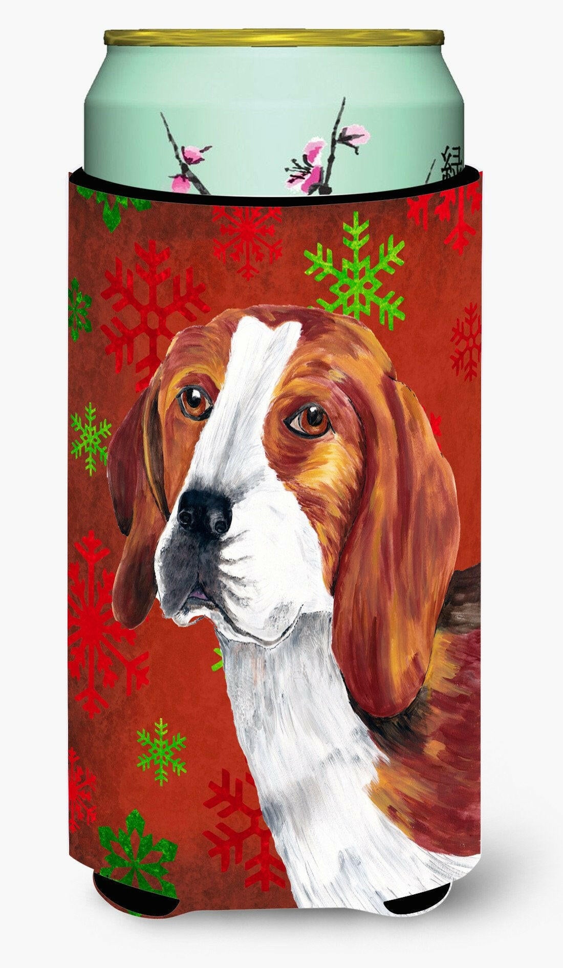 Beagle Red and Green Snowflakes Holiday Christmas  Tall Boy Beverage Insulator Beverage Insulator Hugger by Caroline&#39;s Treasures