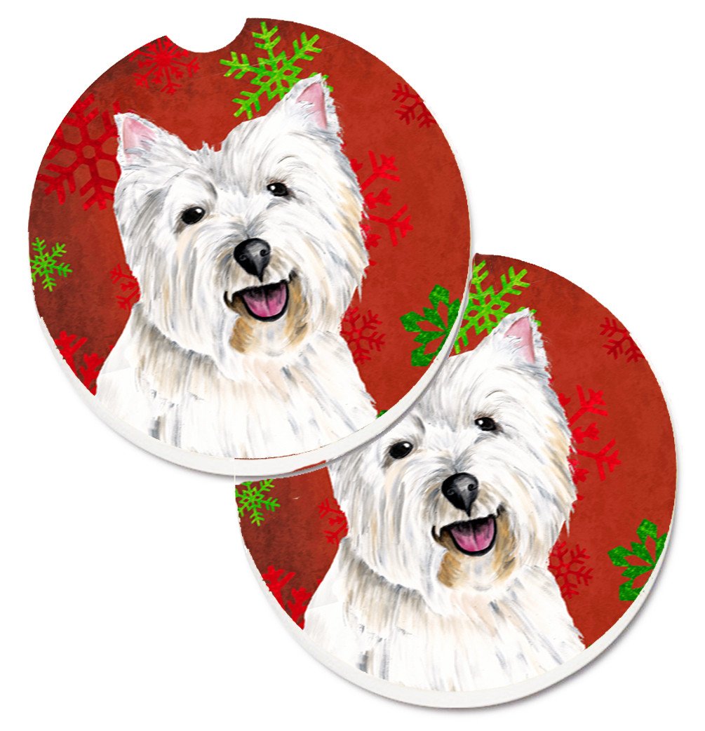 Westie Red and Green Snowflakes Holiday Christmas Set of 2 Cup Holder Car Coasters SC9410CARC by Caroline&#39;s Treasures