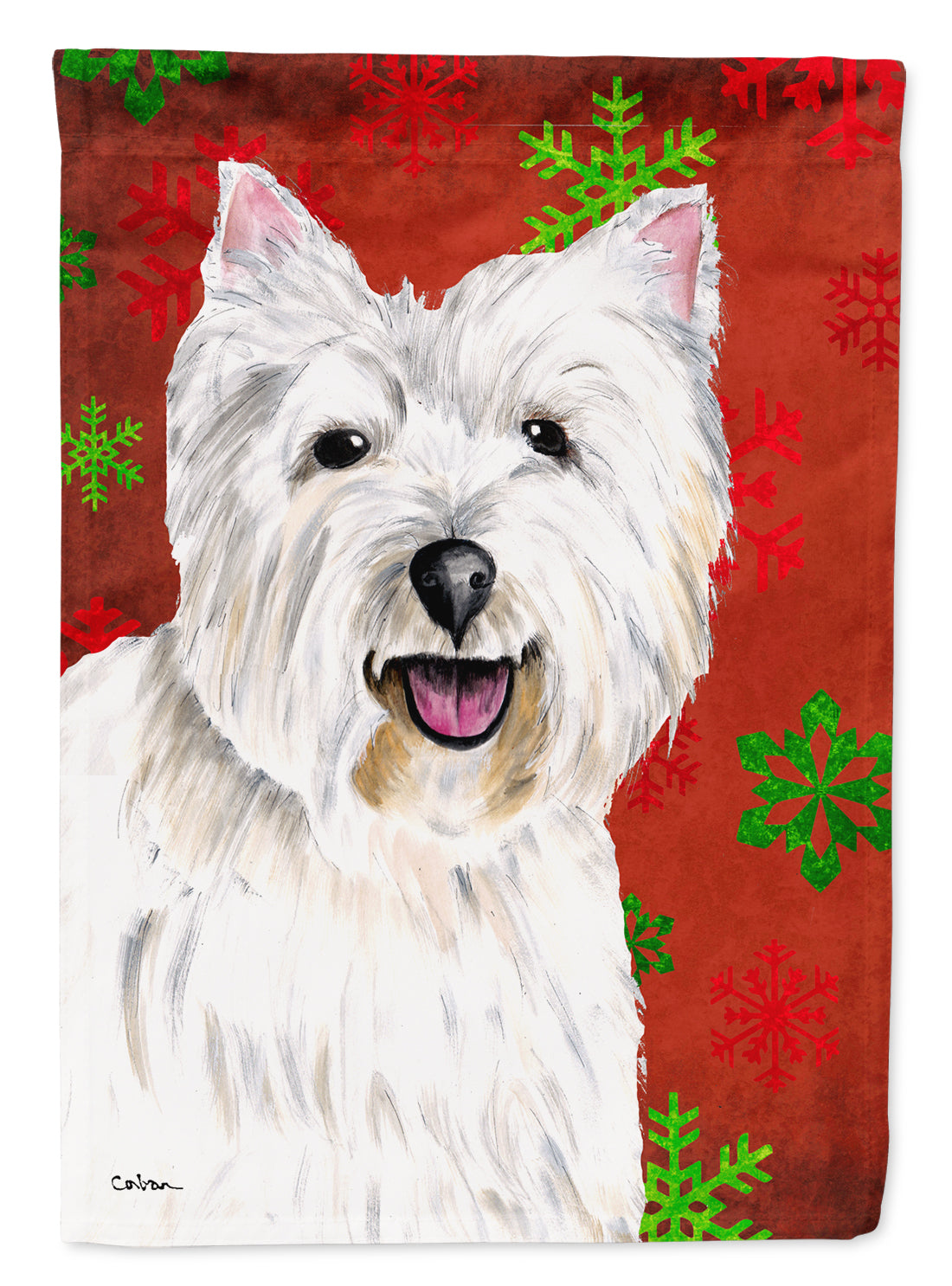 Westie Red and Green Snowflakes Holiday Christmas Flag Garden Size.