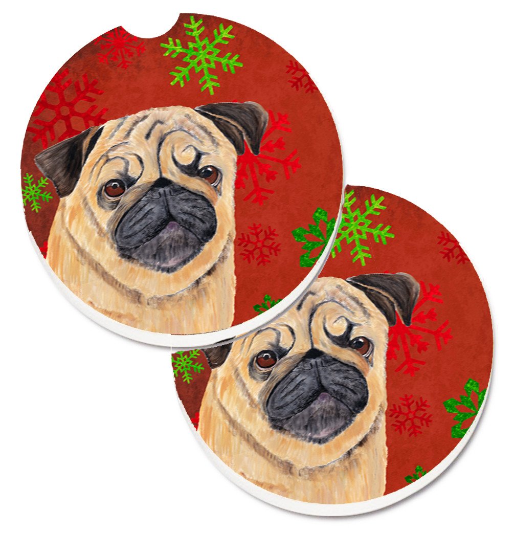 Pug Red and Green Snowflakes Holiday Christmas Set of 2 Cup Holder Car Coasters SC9411CARC by Caroline&#39;s Treasures