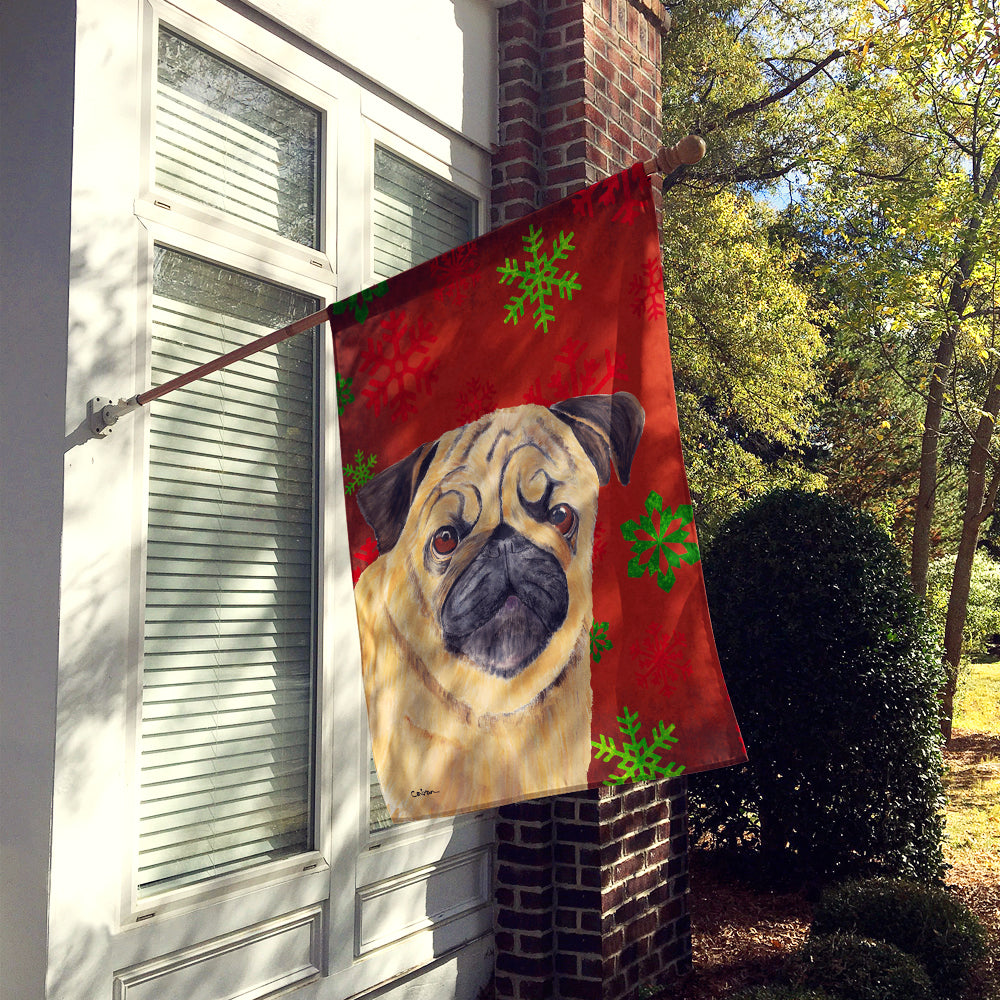 Pug Red and Green Snowflakes Holiday Christmas Flag Canvas House Size  the-store.com.