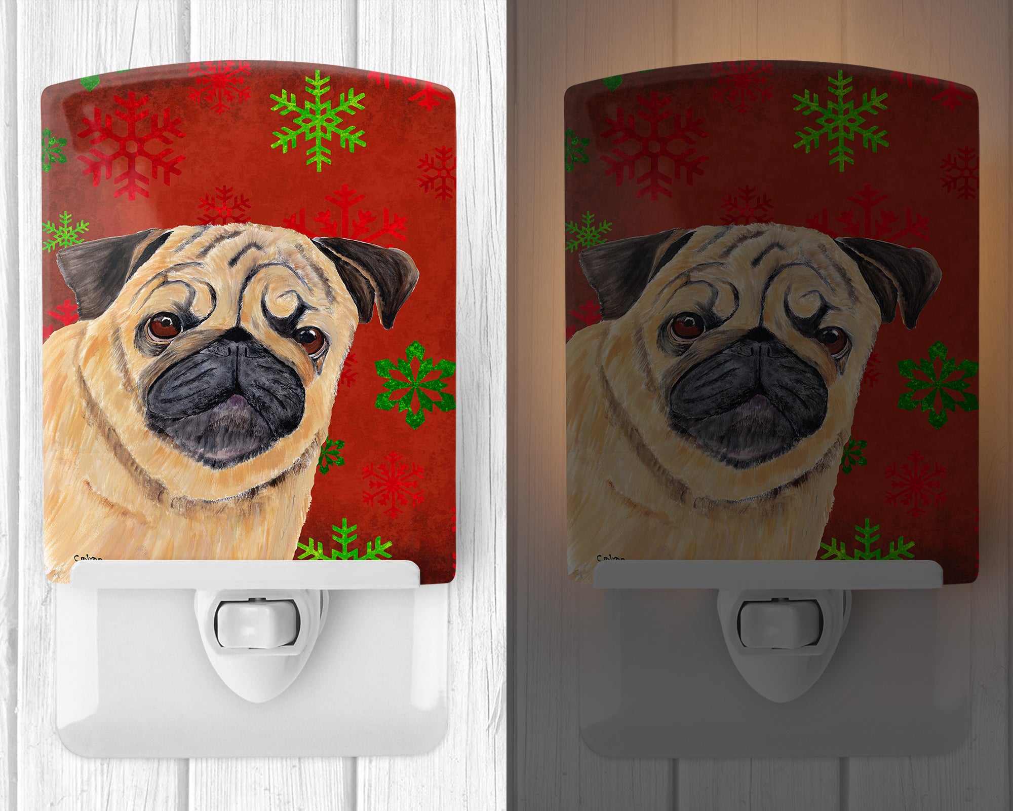 Pug Red and Green Snowflakes Holiday Christmas Ceramic Night Light SC9411CNL - the-store.com