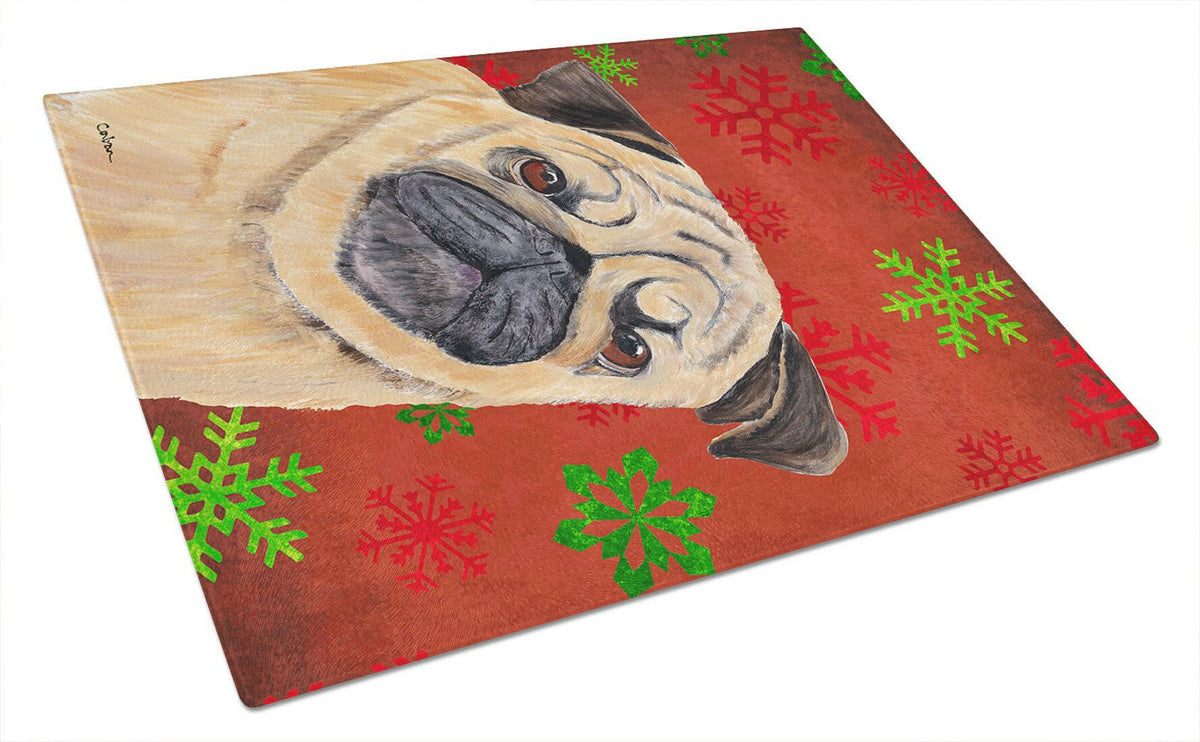 Pug Red and Green Snowflakes Holiday Christmas Glass Cutting Board Large by Caroline&#39;s Treasures