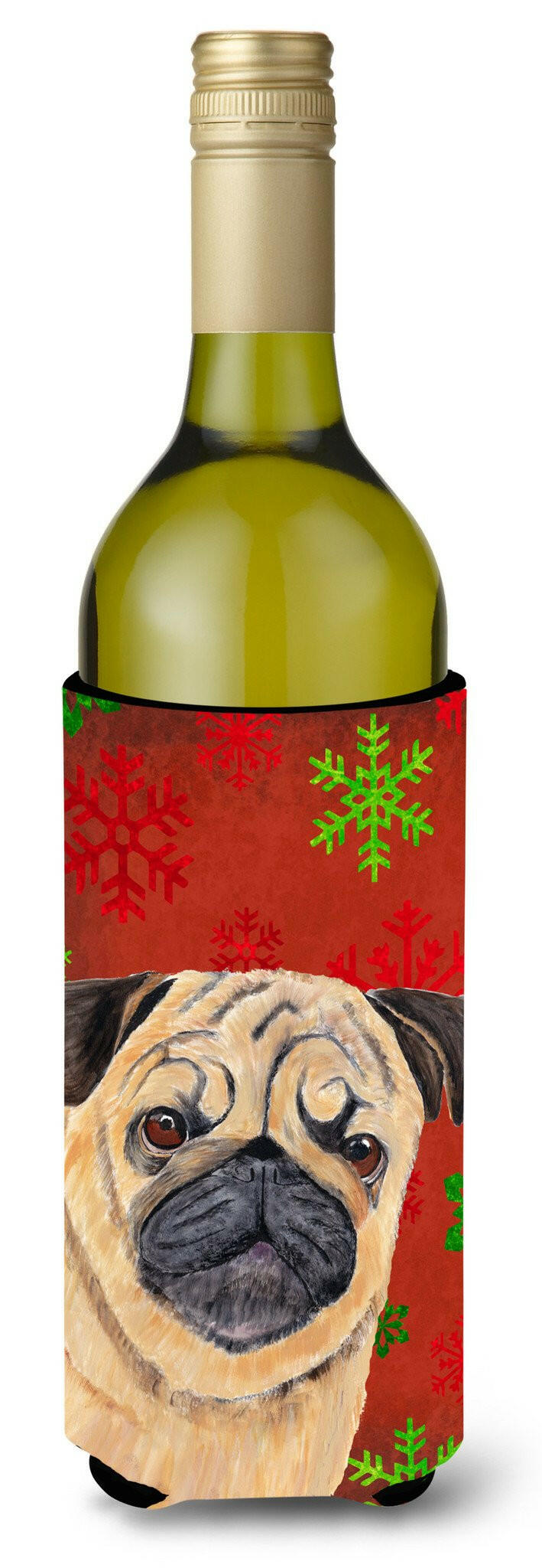 Pug Red and Green Snowflakes Holiday Christmas Wine Bottle Beverage Insulator Beverage Insulator Hugger by Caroline's Treasures