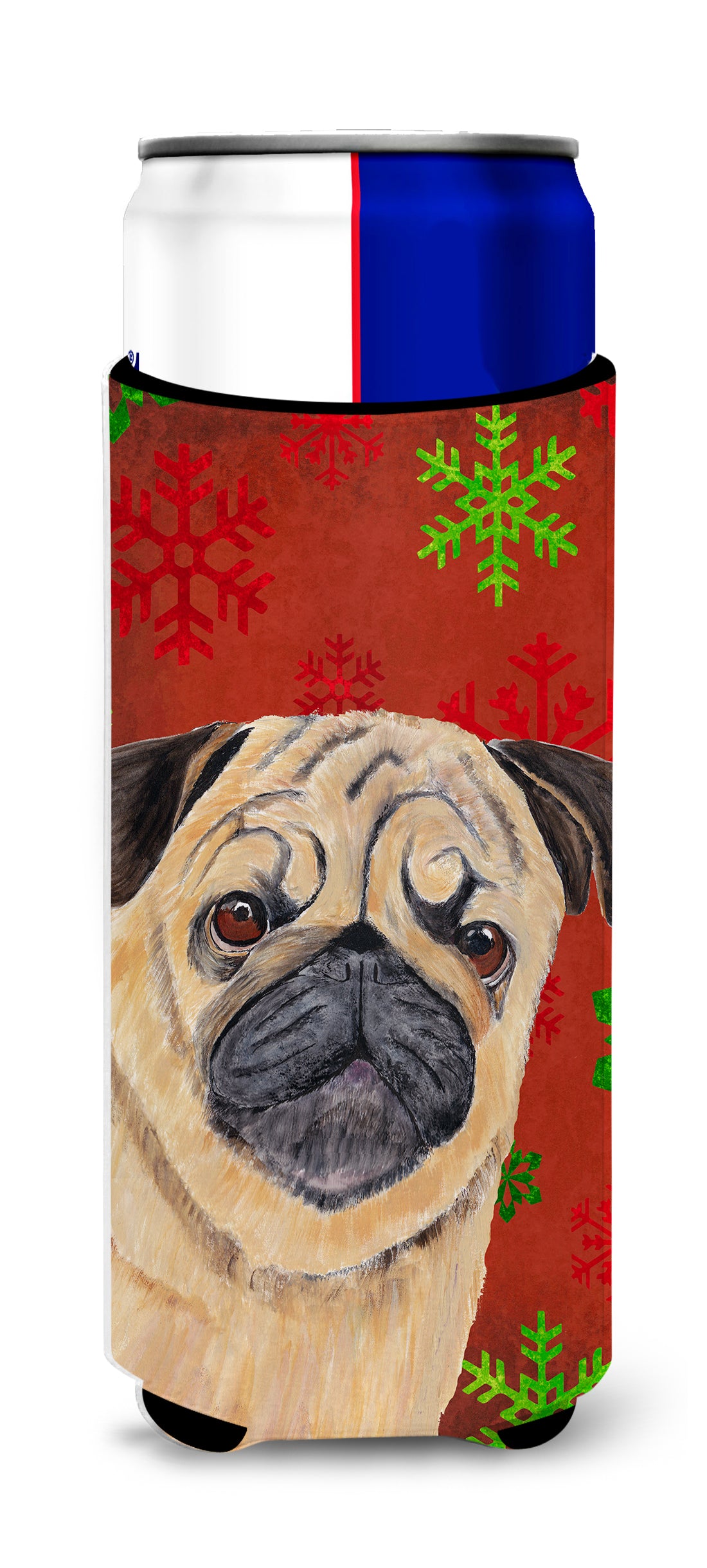 Pug Red and Green Snowflakes Holiday Christmas Ultra Beverage Insulators for slim cans SC9411MUK.