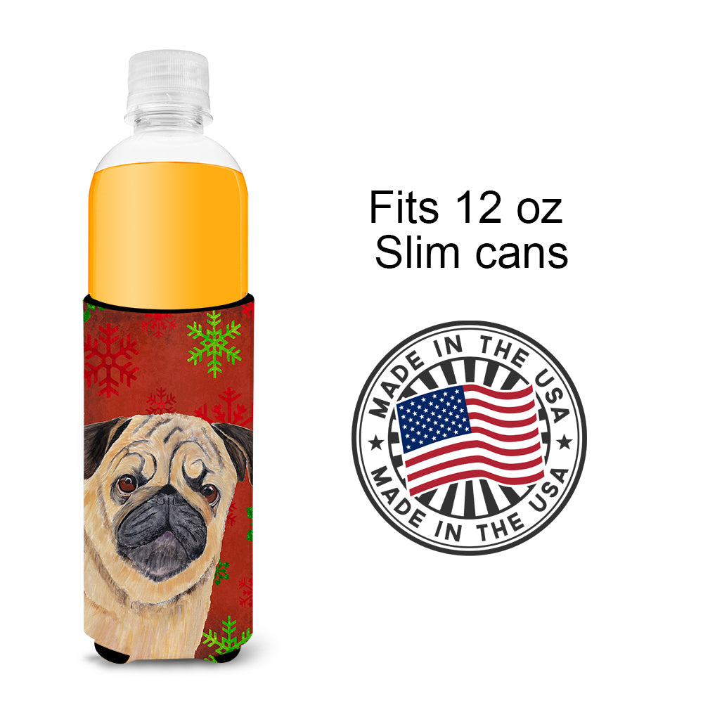 Pug Red and Green Snowflakes Holiday Christmas Ultra Beverage Insulators for slim cans SC9411MUK