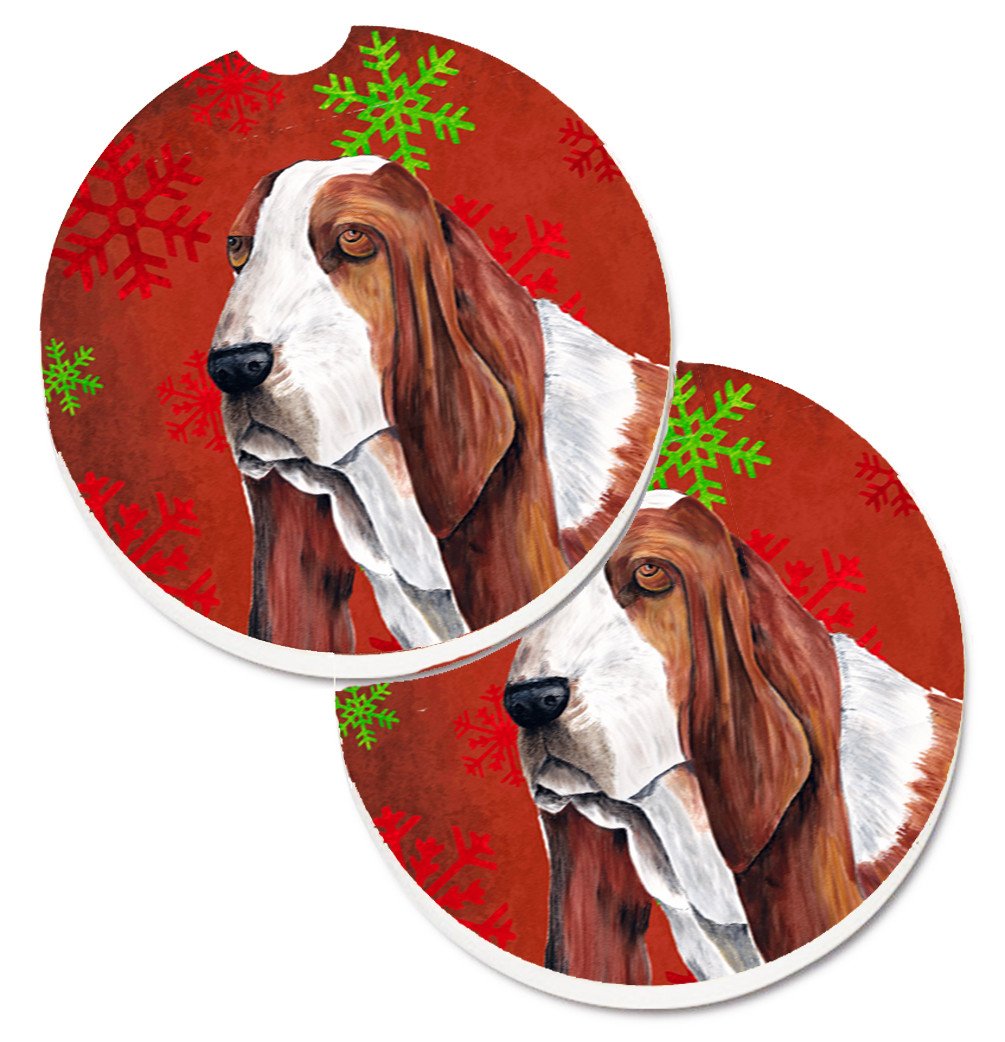 Basset Hound Red and Green Snowflakes Holiday Christmas Set of 2 Cup Holder Car Coasters SC9412CARC by Caroline&#39;s Treasures