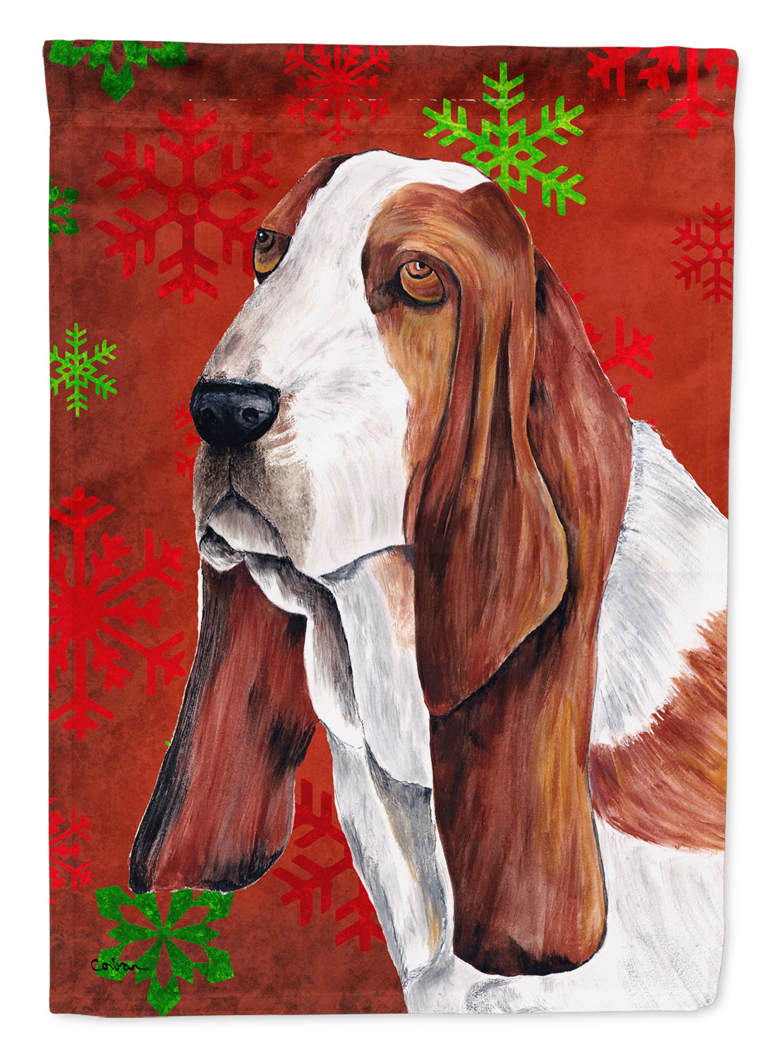 Basset Hound Red and Green Snowflakes Holiday Christmas Flag Canvas House Size