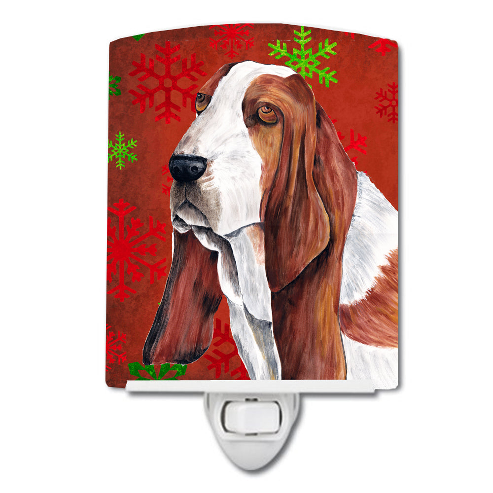 Basset Hound Red and Green Snowflakes Holiday Christmas Ceramic Night Light SC9412CNL - the-store.com