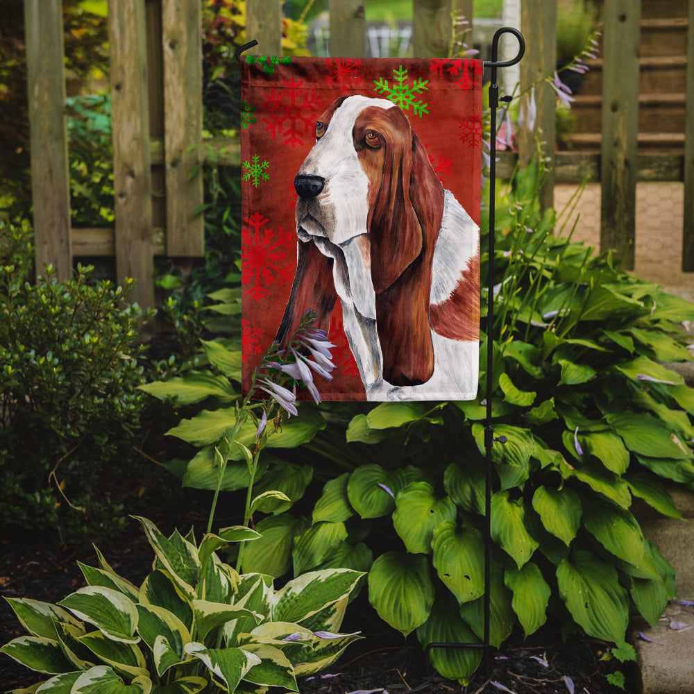 Basset Hound Red and Green Snowflakes Holiday Christmas Flag Garden Size
