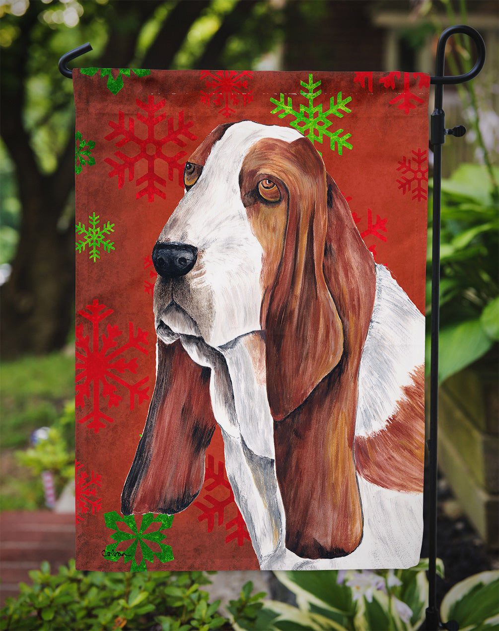 Basset Hound Red and Green Snowflakes Holiday Christmas Flag Garden Size.