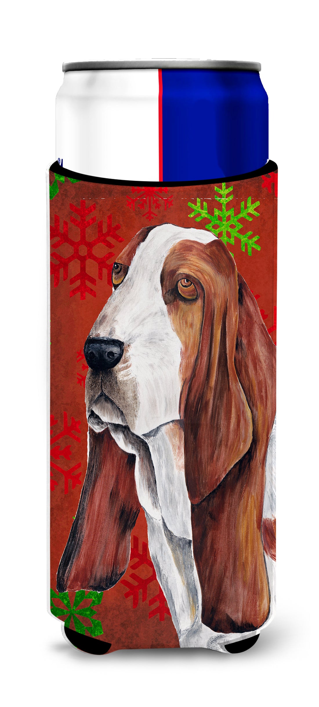Basset Hound Red and Green Snowflakes Holiday Christmas Ultra Beverage Insulators for slim cans SC9412MUK.
