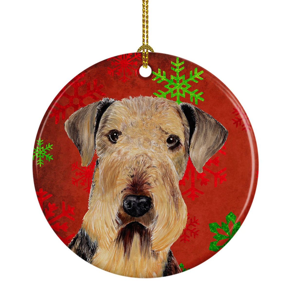Airedale Red Snowflakes Holiday Christmas Ceramic Ornament SC9413 by Caroline&#39;s Treasures