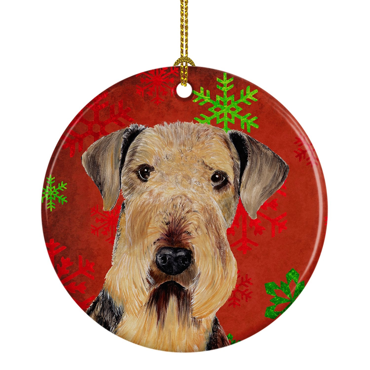 Airedale Red Snowflakes Holiday Christmas Ceramic Ornament SC9413 by Caroline's Treasures
