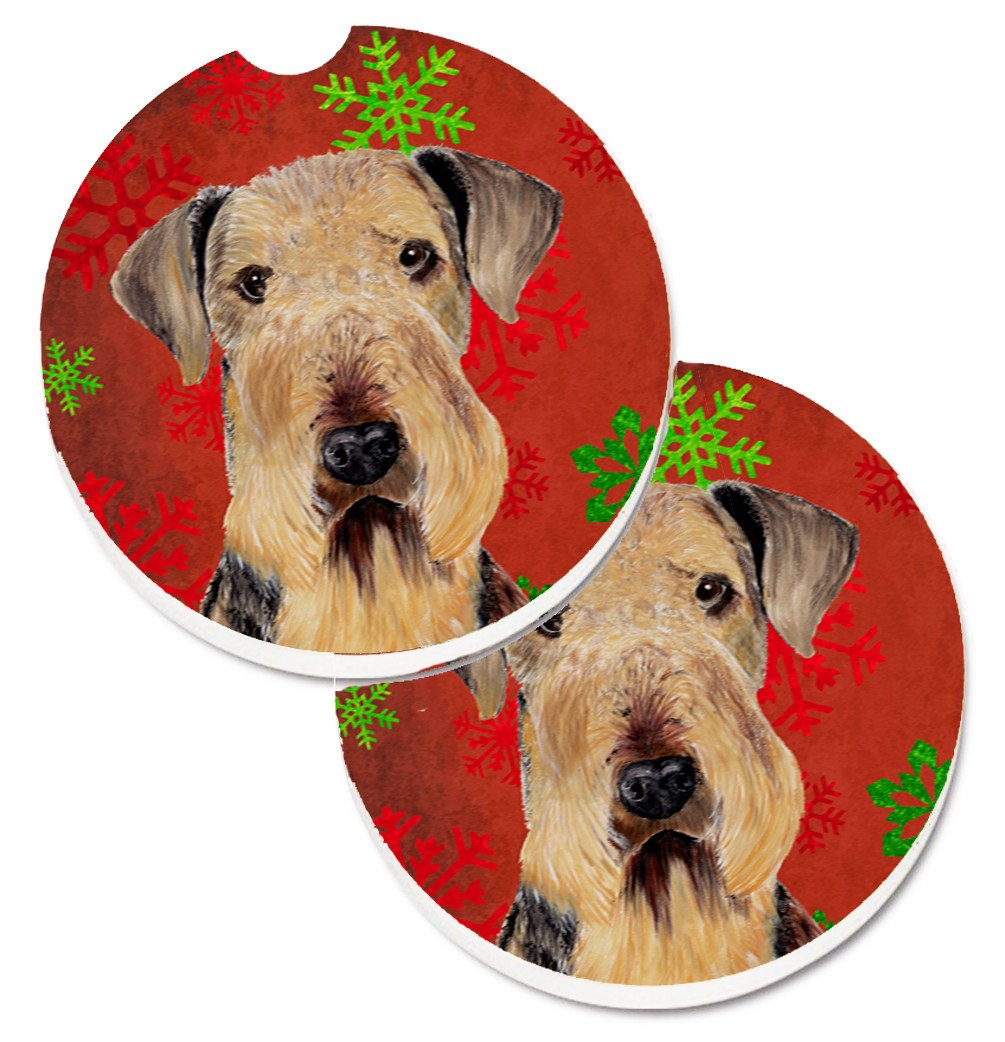 Airedale Red and Green Snowflakes Holiday Christmas Set of 2 Cup Holder Car Coasters SC9413CARC by Caroline&#39;s Treasures