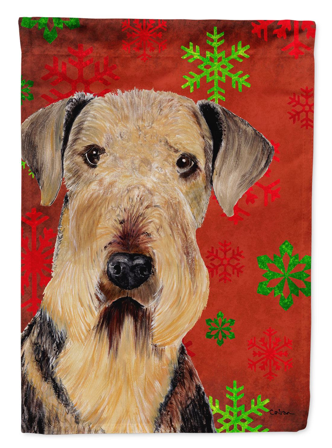 Airedale Red Green Snowflakes Christmas Flag Canvas House Size