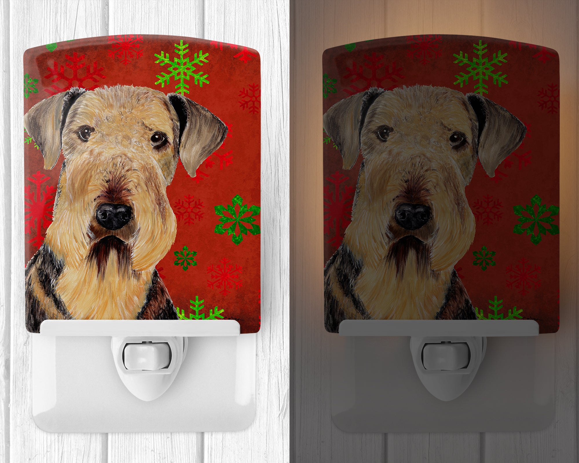 Airedale Red and Green Snowflakes Holiday Christmas Ceramic Night Light SC9413CNL - the-store.com