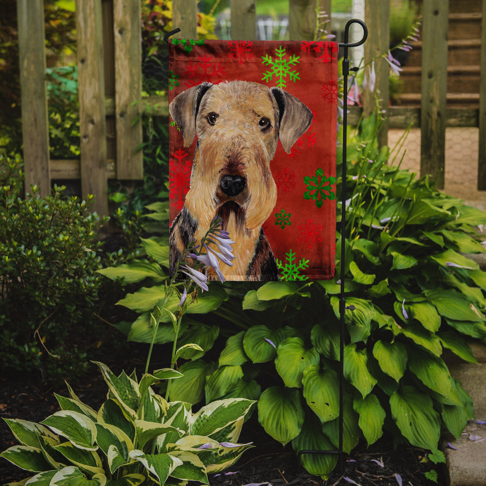 Airedale Red and Green Snowflakes Holiday Christmas Flag Garden Size