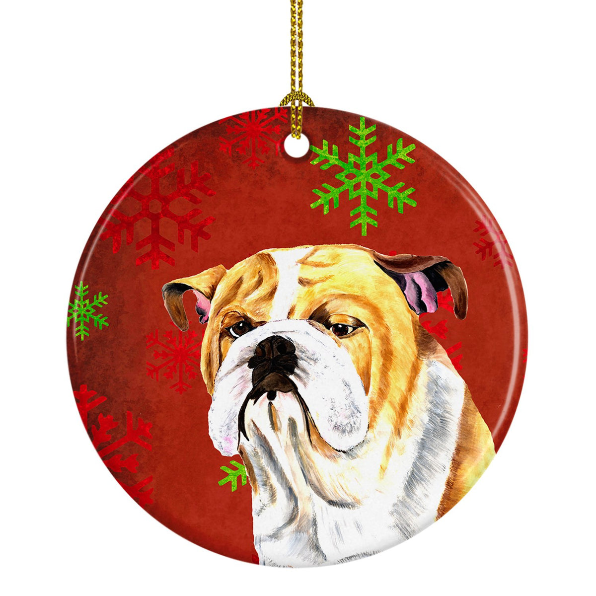 Bulldog English Red Snowflakes Holiday Christmas Ceramic Ornament SC9414 by Caroline&#39;s Treasures