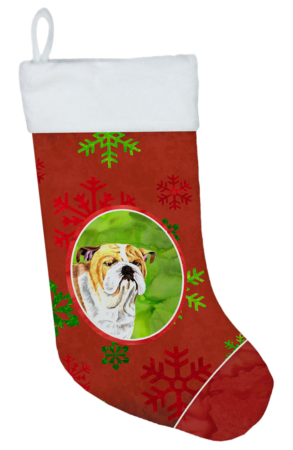 Bulldog English Red and Green Snowflakes Holiday  Christmas Stocking