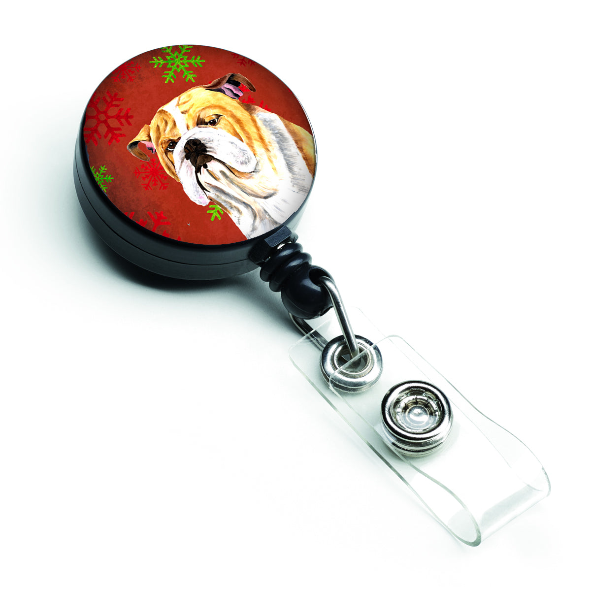 Bulldog English Red and Green Snowflakes Holiday Christmas Retractable Badge Reel SC9414BR  the-store.com.