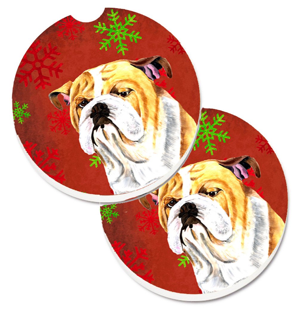 Bulldog English Red and Green Snowflakes Holiday Christmas Set of 2 Cup Holder Car Coasters SC9414CARC by Caroline&#39;s Treasures