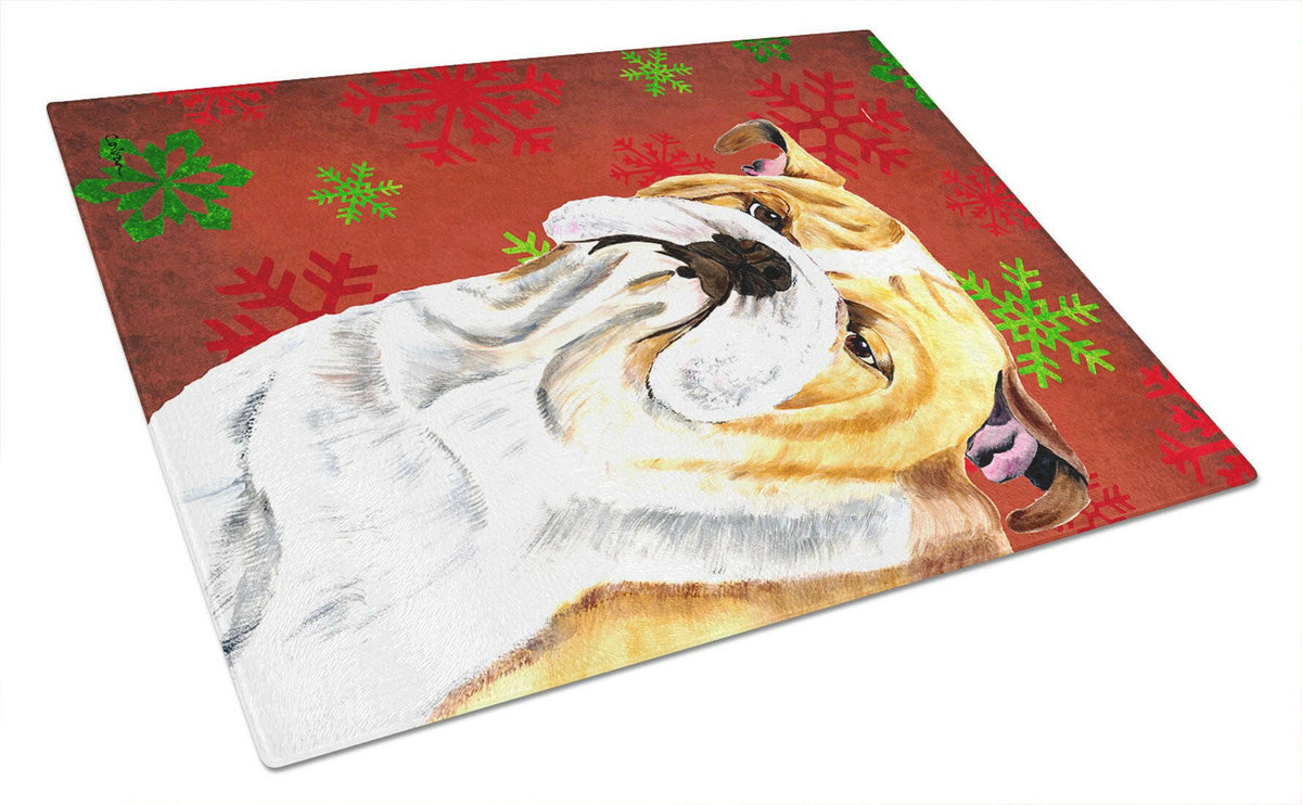 Bulldog English Red and Green Snowflakes Christmas Glass Cutting Board Large by Caroline&#39;s Treasures