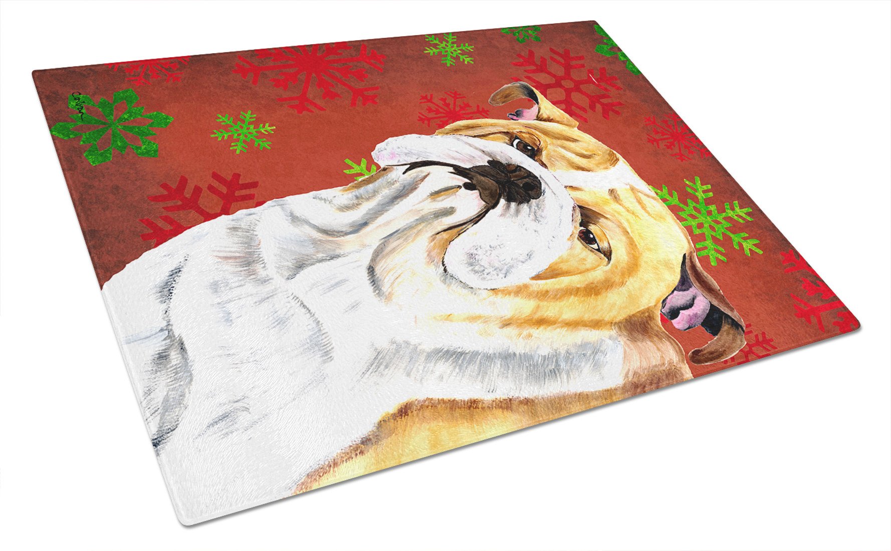 Bulldog English Red and Green Snowflakes Christmas Glass Cutting Board Large by Caroline's Treasures