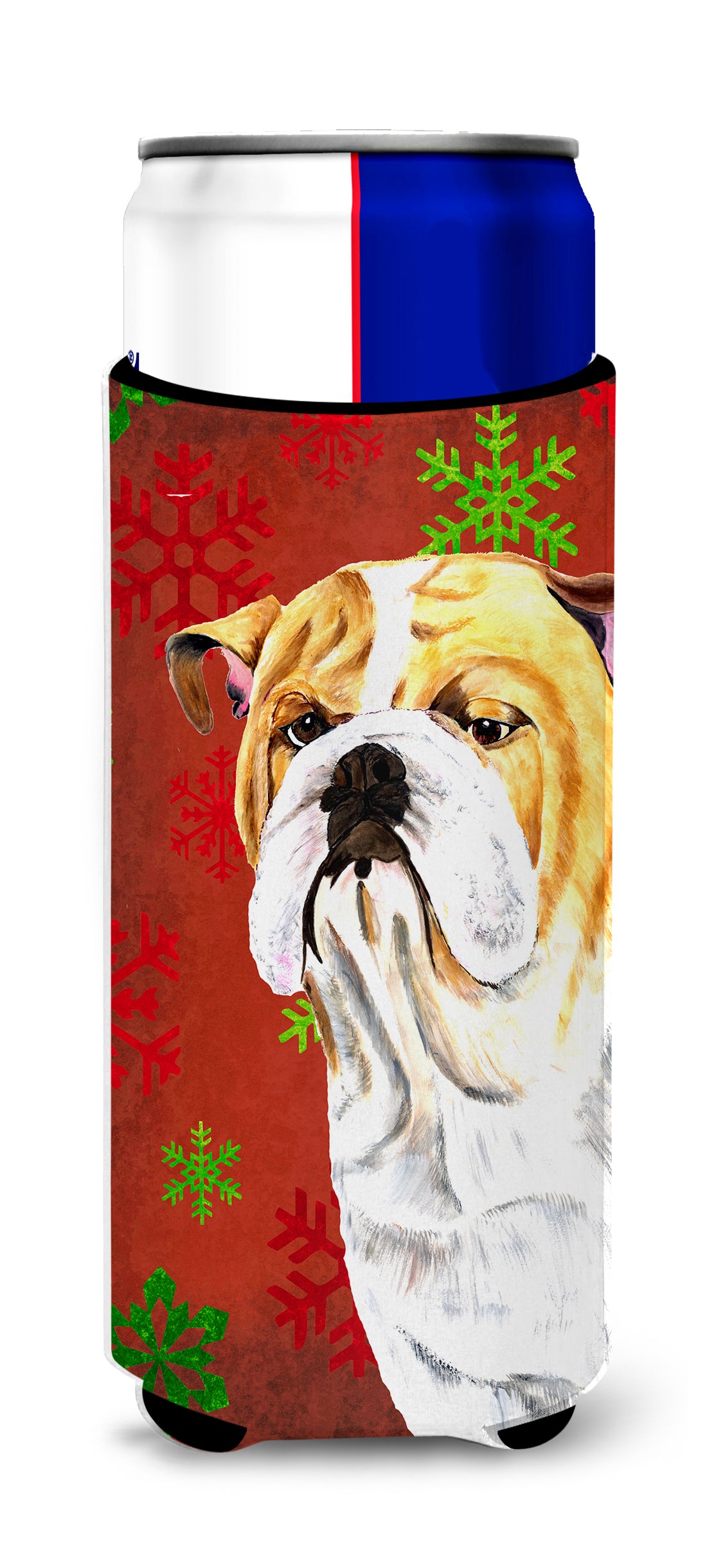 Bulldog English Red and Green Snowflakes Holiday Christmas Ultra Beverage Insulators for slim cans SC9414MUK.