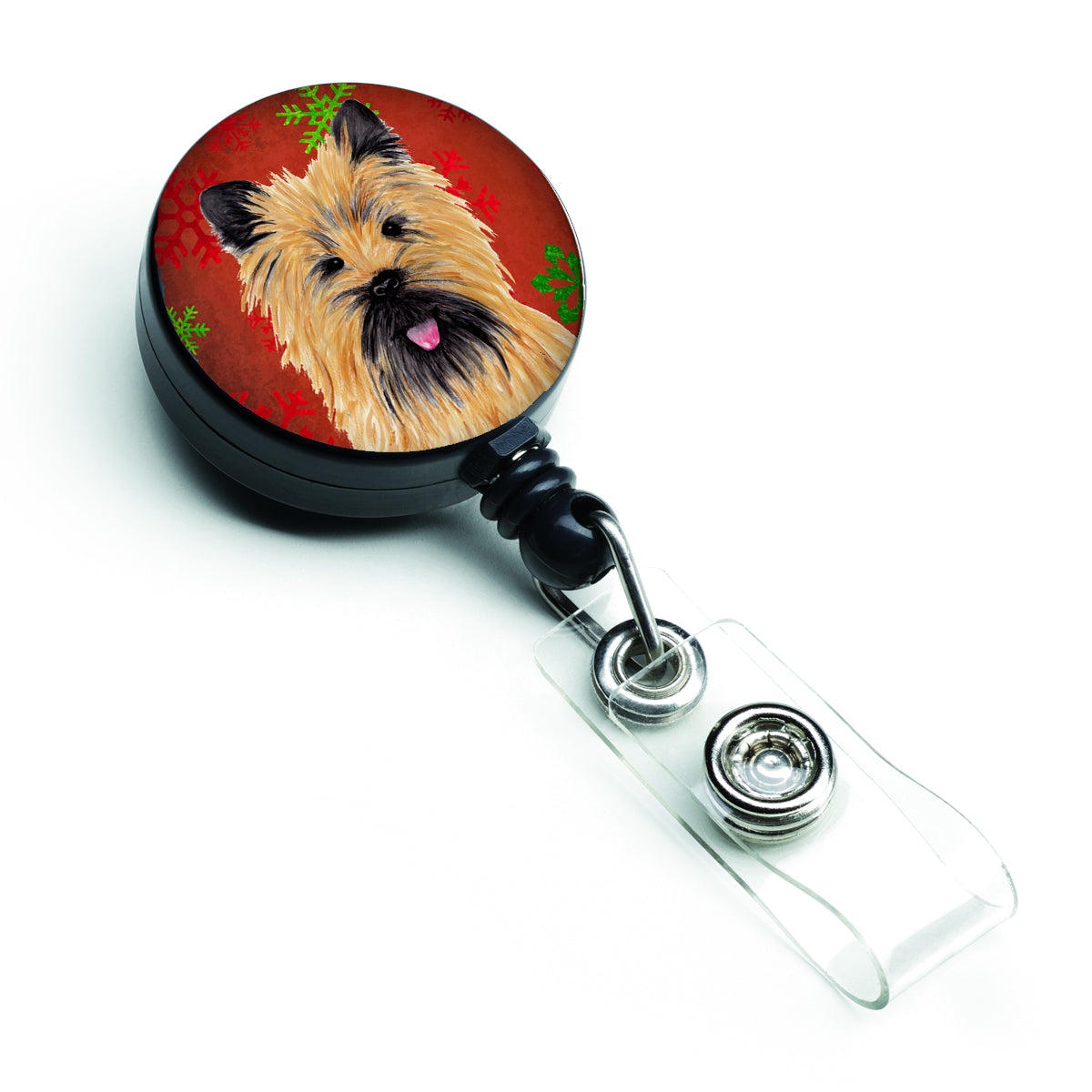 Cairn Terrier Red and Green Snowflakes Holiday Christmas Retractable Badge Reel SC9415BR  the-store.com.