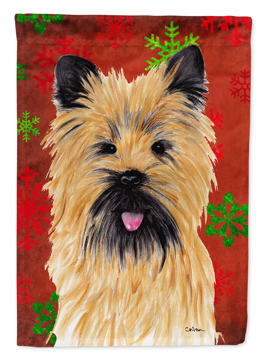 Cairn Terrier Red and Green Snowflakes Holiday Christmas Flag Garden Size