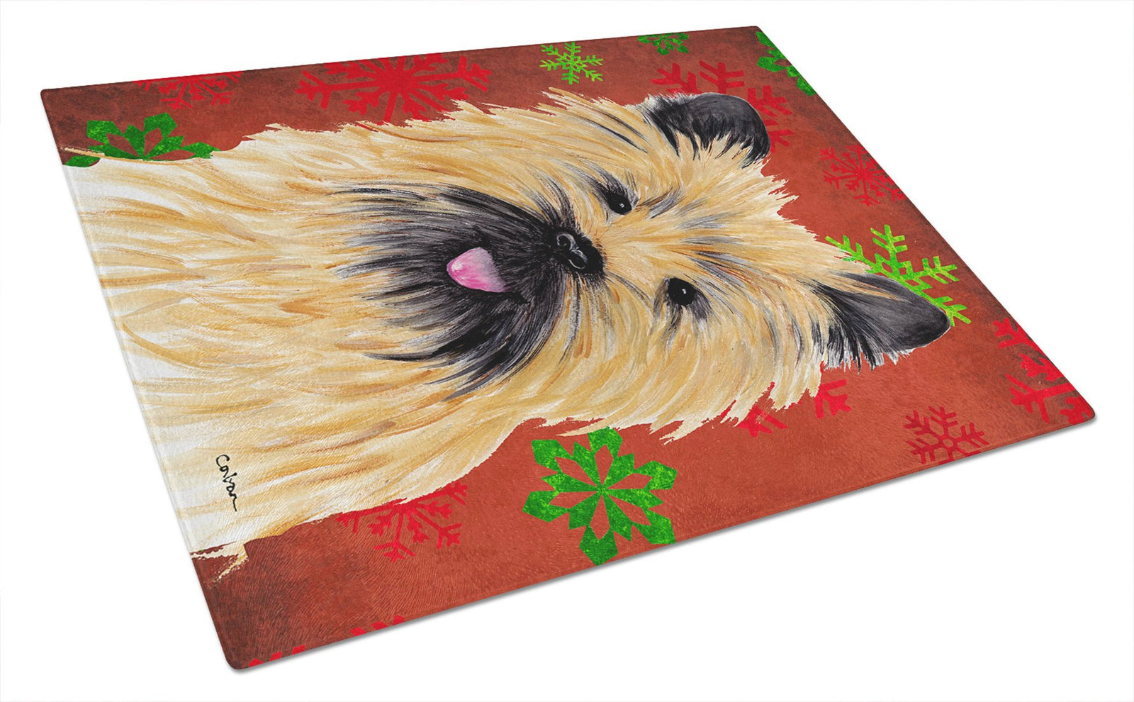Cairn Terrier Red and Green Snowflakes Christmas Glass Cutting Board Large by Caroline's Treasures