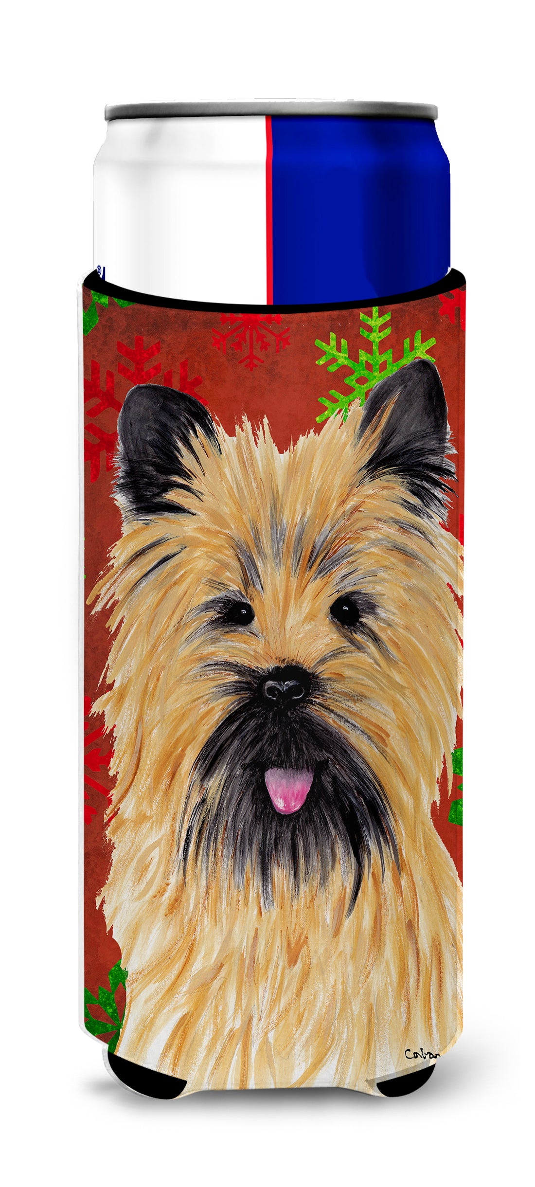 Cairn Terrier Red and Green Snowflakes Holiday Christmas Ultra Beverage Insulators for slim cans SC9415MUK.