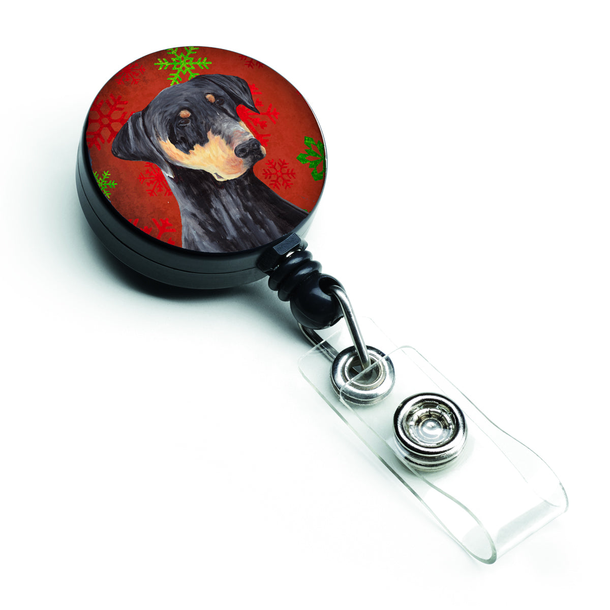 Doberman Red and Green Snowflakes Holiday Christmas Retractable Badge Reel SC9417BR  the-store.com.
