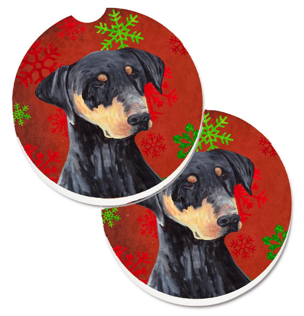 Doberman Red and Green Snowflakes Holiday Christmas Set of 2 Cup Holder Car Coasters SC9417CARC by Caroline&#39;s Treasures