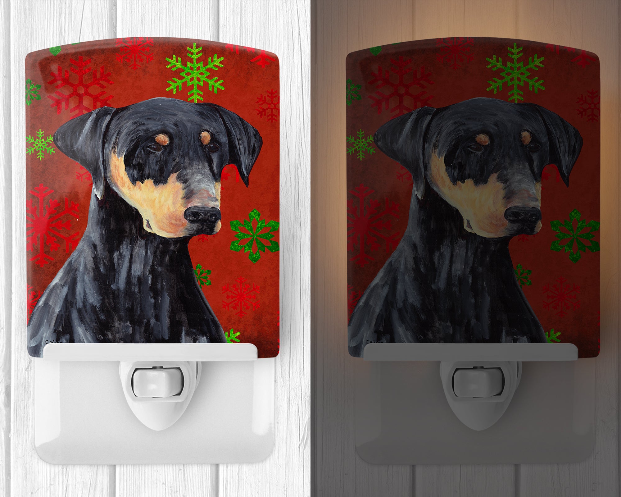 Doberman Red and Green Snowflakes Holiday Christmas Ceramic Night Light SC9417CNL - the-store.com