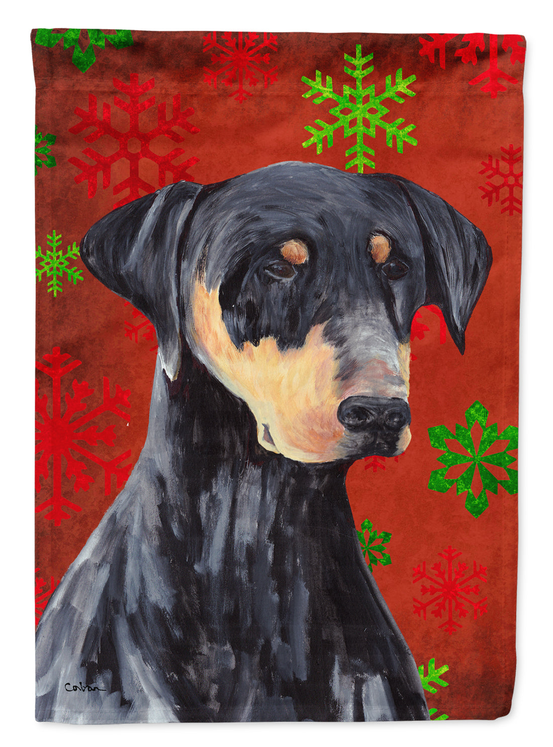 Doberman Red and Green Snowflakes Holiday Christmas Flag Garden Size.
