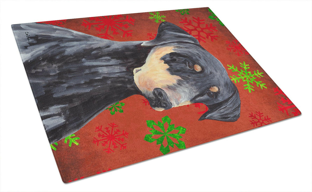 Doberman Red and Green Snowflakes Holiday Christmas Glass Cutting Board Large by Caroline&#39;s Treasures