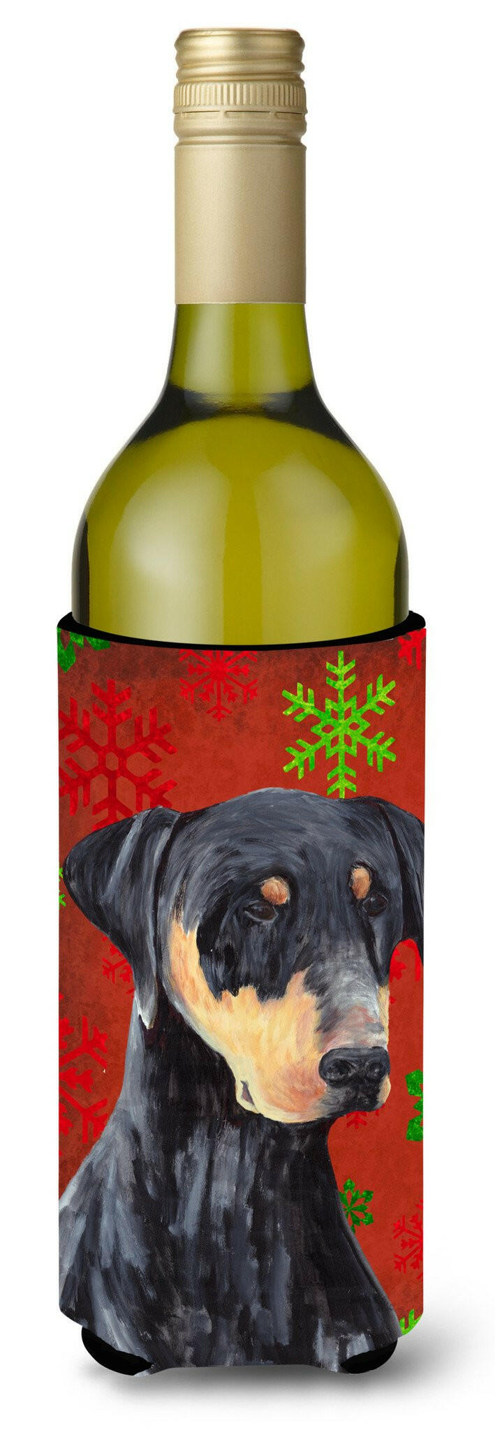 Doberman Red and Green Snowflakes Holiday Christmas Wine Bottle Beverage Insulator Beverage Insulator Hugger by Caroline&#39;s Treasures