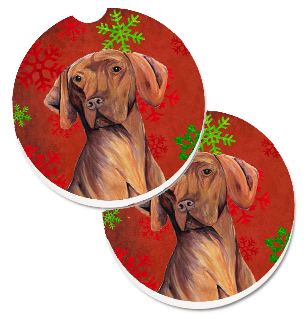 Vizsla Red and Green Snowflakes Holiday Christmas Set of 2 Cup Holder Car Coasters SC9418CARC by Caroline&#39;s Treasures