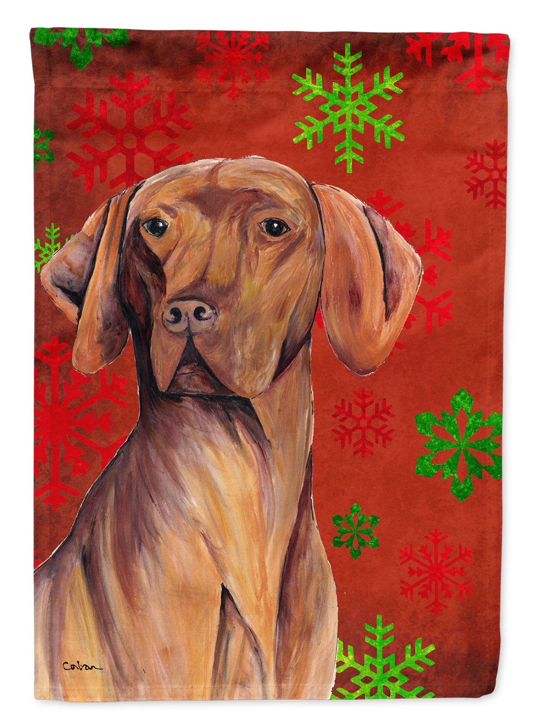 Vizsla Red and Green Snowflakes Holiday Christmas Flag Canvas House Size  the-store.com.