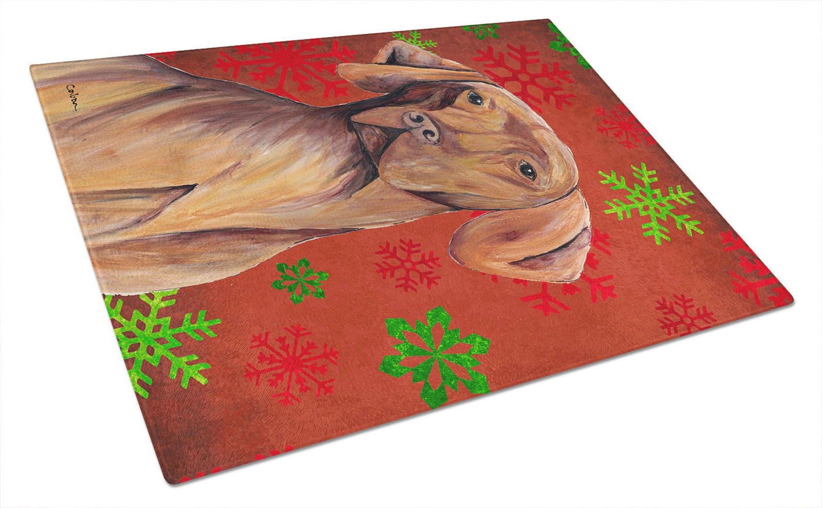 Vizsla Red and Green Snowflakes Holiday Christmas Glass Cutting Board Large by Caroline's Treasures