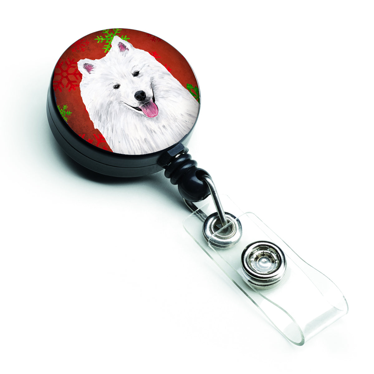 American Eskimo Red and Green Snowflakes Holiday Christmas Retractable Badge Reel SC9419BR