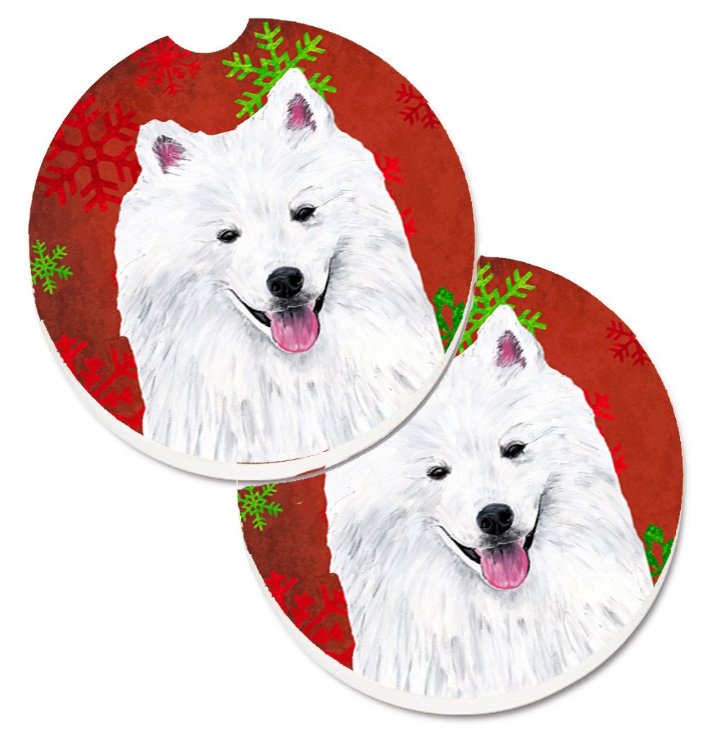 American Eskimo Red and Green Snowflakes Holiday Christmas Set of 2 Cup Holder Car Coasters SC9419CARC by Caroline&#39;s Treasures