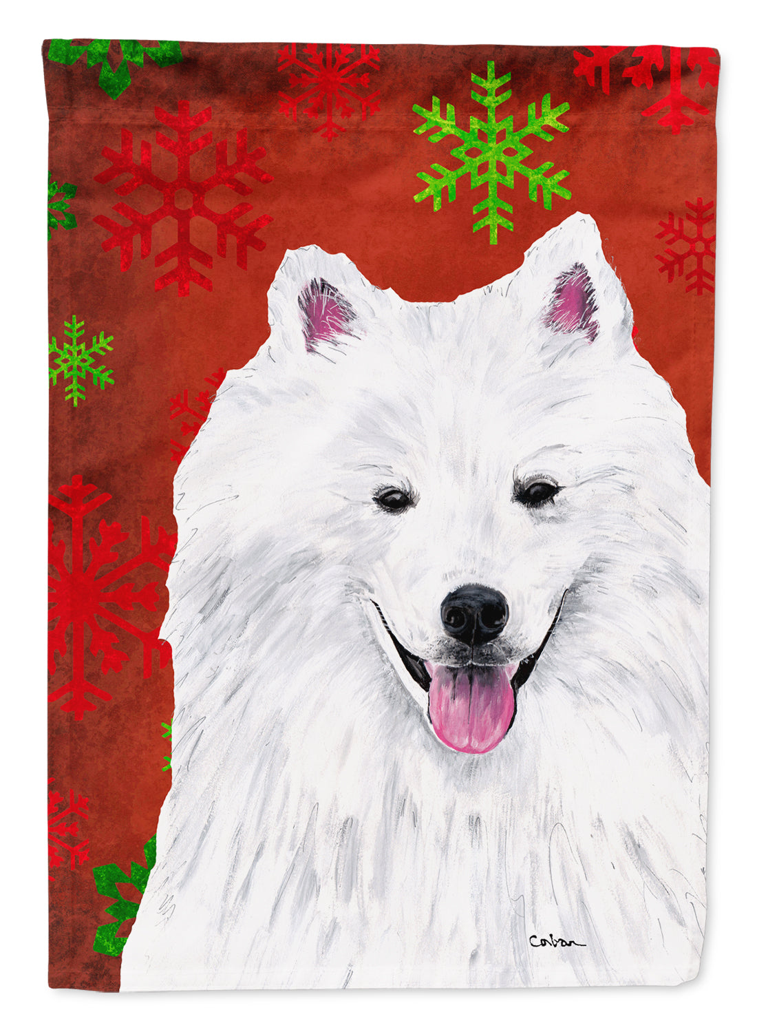 American Eskimo Red  Green Snowflakes Holiday Christmas Flag Canvas House Size  the-store.com.