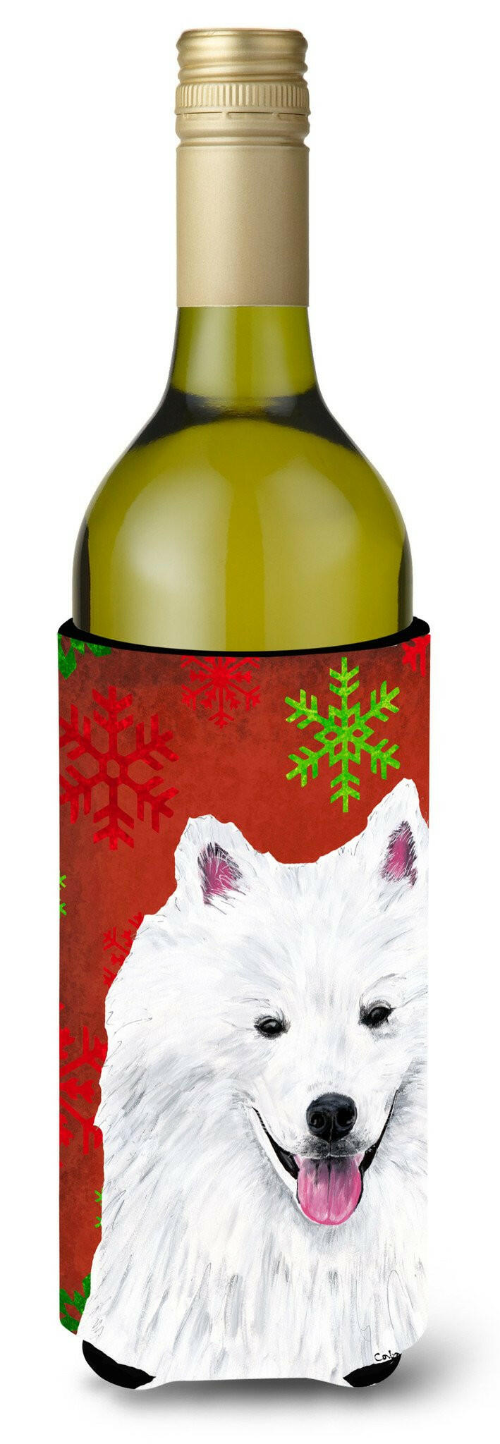 American Eskimo Snowflakes Holiday Christmas Wine Bottle Beverage Insulator Beverage Insulator Hugger by Caroline&#39;s Treasures