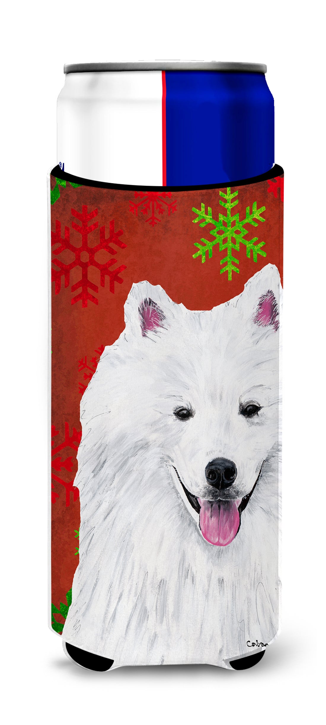 American Eskimo Red and Green Snowflakes Holiday Christmas Ultra Beverage Insulators for slim cans SC9419MUK