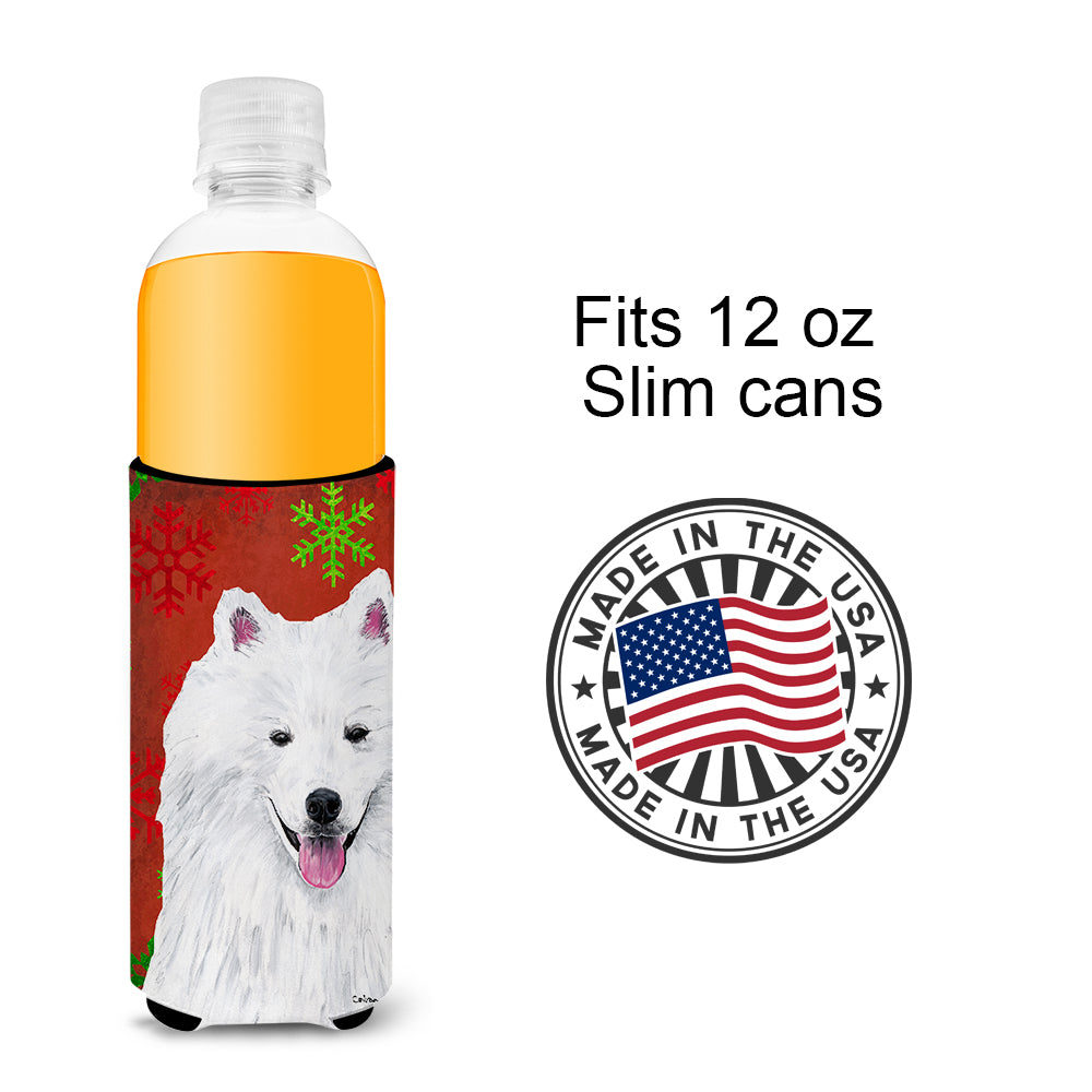 American Eskimo Red and Green Snowflakes Holiday Christmas Ultra Beverage Insulators for slim cans SC9419MUK.