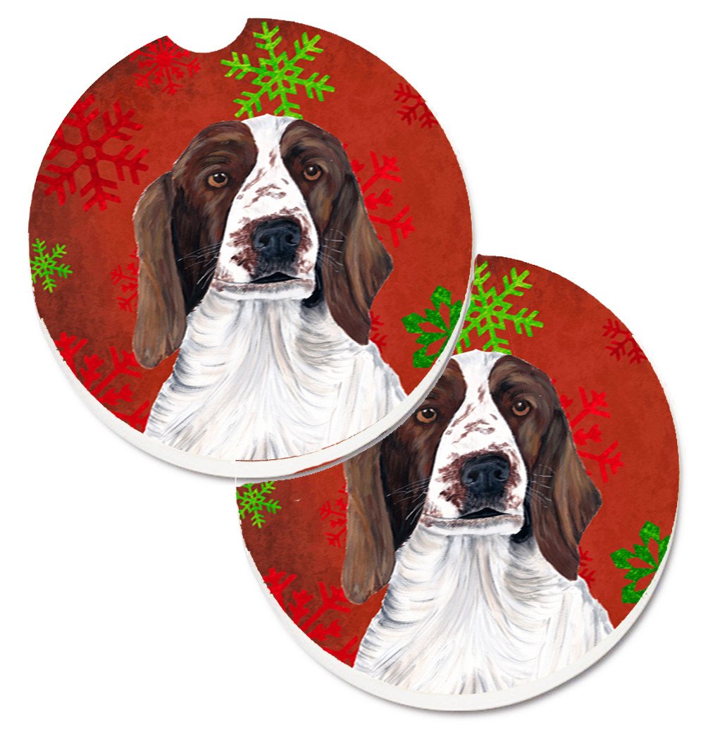 Welsh Springer Spaniel Red  Green Snowflakes Holiday Christmas Set of 2 Cup Holder Car Coasters SC9420CARC by Caroline&#39;s Treasures